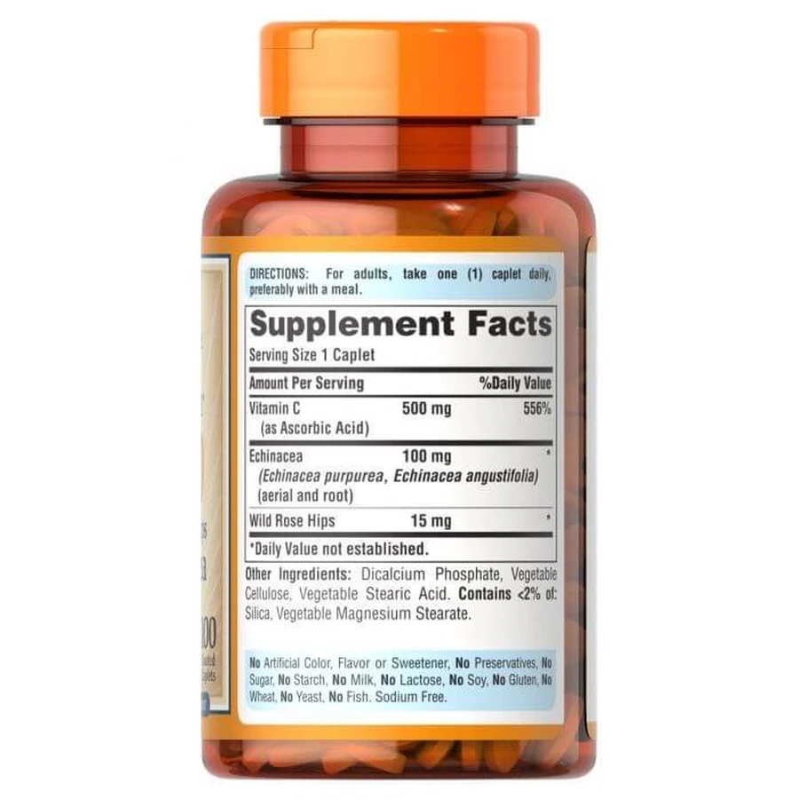 Вітамін C з шипшиною і ехінацеєю, Vitamin C-500, Puritan's Pride, 500 мг, 100 каплет: ціни та характеристики