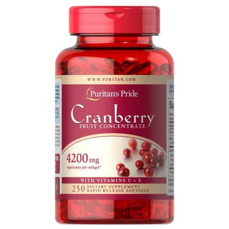 Клюква с витаминами С и Е, Cranberry Fruit Concentrate, Puritan's Pride, фруктовый концентрат, 4200 мг, 250 гелевых капсул: цены и характеристики