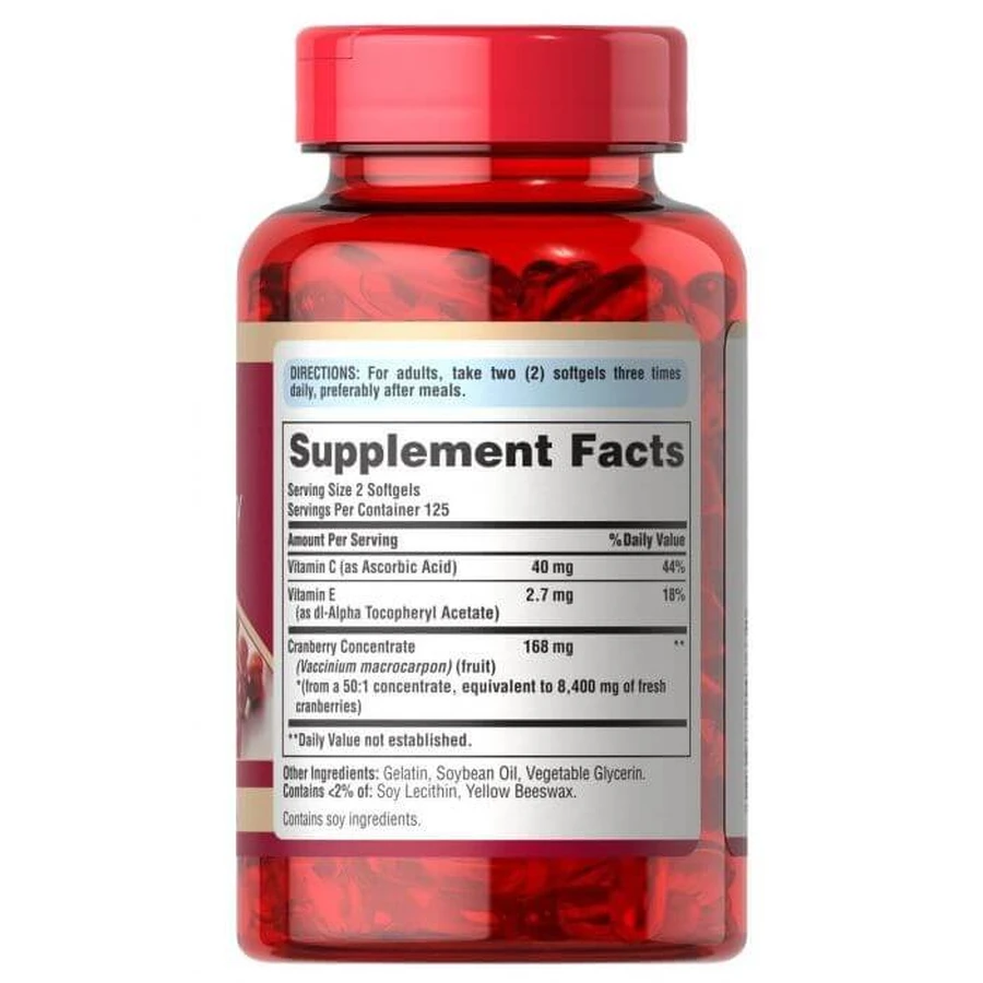 Клюква с витаминами С и Е, Cranberry Fruit Concentrate, Puritan's Pride, фруктовый концентрат, 4200 мг, 250 гелевых капсул: цены и характеристики