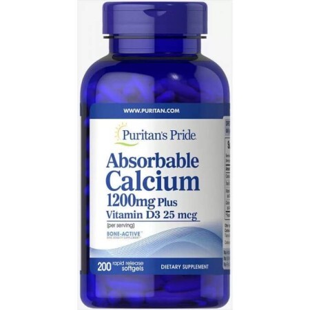 Кальцій і вітамін Д3, Absorbable Calcium with Vitamin D3, Puritan's Pride, 1200 мг / 1000 МО, 200 гелевих капсул