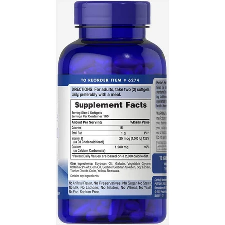 Кальций и витамин Д3, Absorbable Calcium with Vitamin D3, Puritan's Pride, 1200 мг/1000 МЕ, 200 гелевых капсул: цены и характеристики