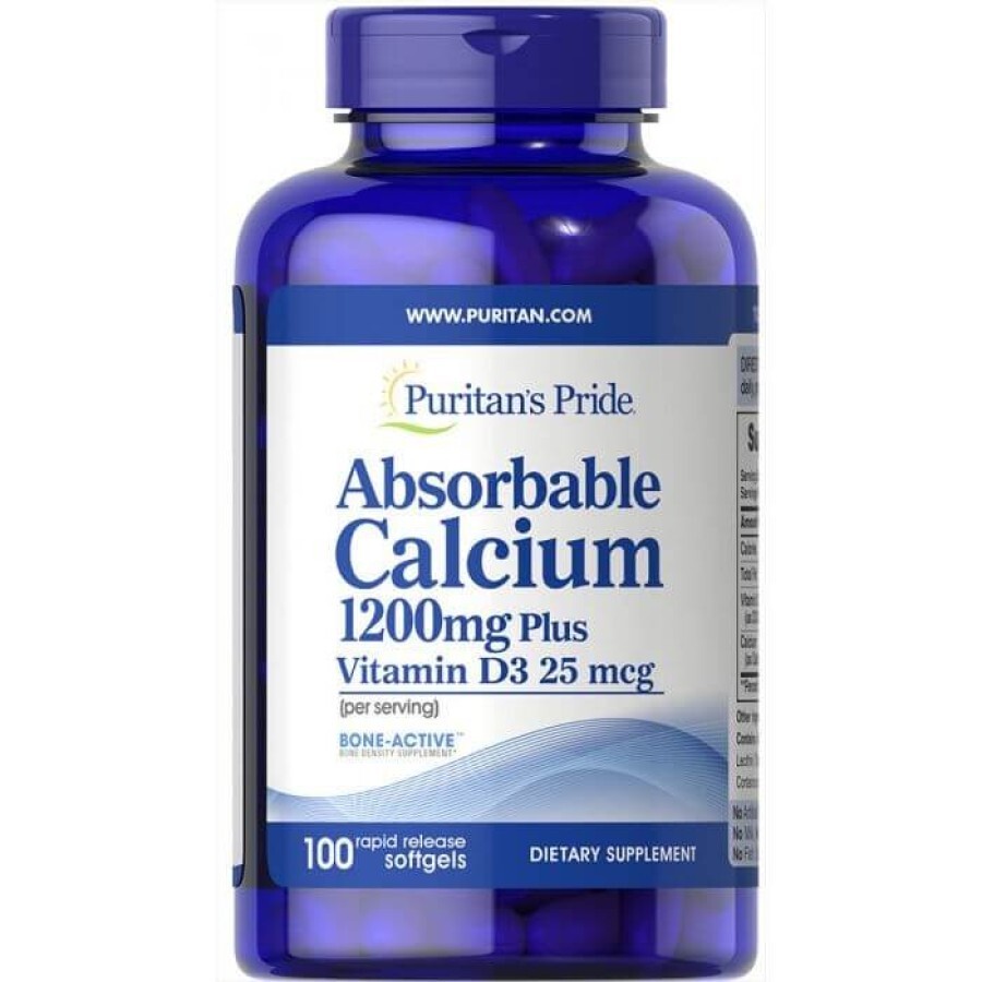 Кальцій і вітамін Д3, Absorbable Calcium with Vitamin D3, Puritan's Pride, 1200 мг / 1000 МО, 100 капсул: ціни та характеристики
