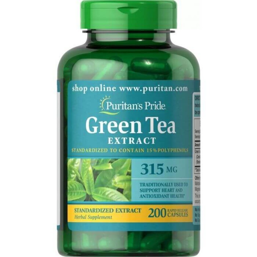 Зелений чай, Green Tea, Puritan's Pride, стандартизований екстракт, 315 мг, 200 капсул: ціни та характеристики