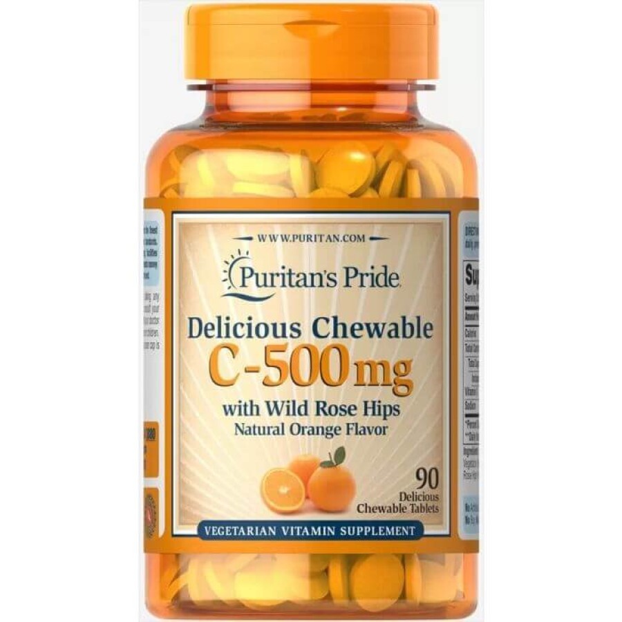 Вітамін C з шипшиною, Vitamin C, Puritan's Pride, смак апельсина, 500 мг, 90 жувальних таблеток: ціни та характеристики