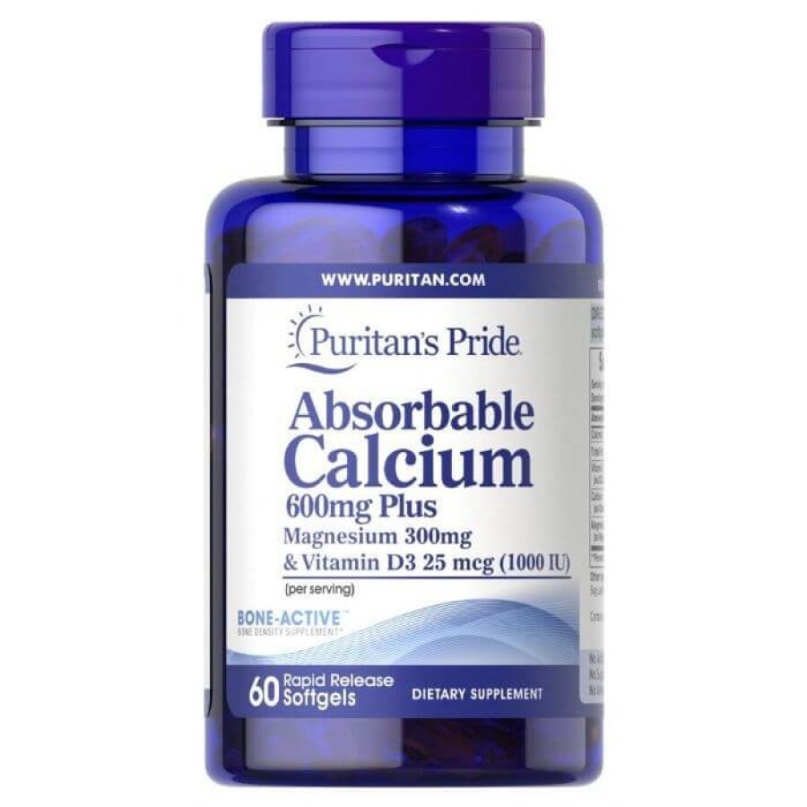 Кальцій плюс магній та вітамін Д3, Absorbable Calcium plus Magnesium with Vitamin D3, Puritan's Pride, 600 мг/300 мг/1000 МО, 60 гелевих капсул: ціни та характеристики