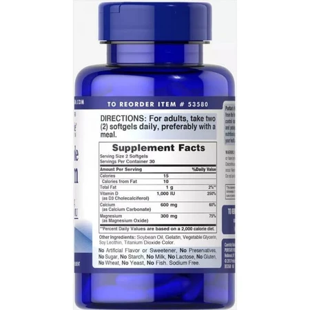 Кальцій плюс магній та вітамін Д3, Absorbable Calcium plus Magnesium with Vitamin D3, Puritan's Pride, 600 мг/300 мг/1000 МО, 60 гелевих капсул: ціни та характеристики