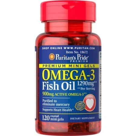 Омега-3 рыбий жир, Omega-3 Fish Oil, Puritan's Pride, 1290 мг (450 активного омега-3), 120 капсул