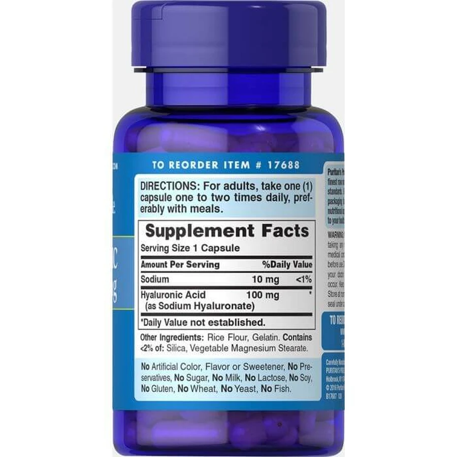 Гіалуронова кислота, Hyaluronic Acid, Puritan's Pride, 100 мг, 60 капсул: ціни та характеристики