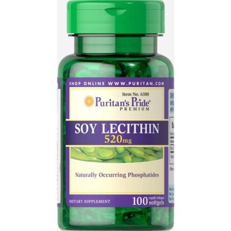Лецитин з сої, Soy Lecithin, Puritan's Pride, 520 мг, 100 гелевих капсул