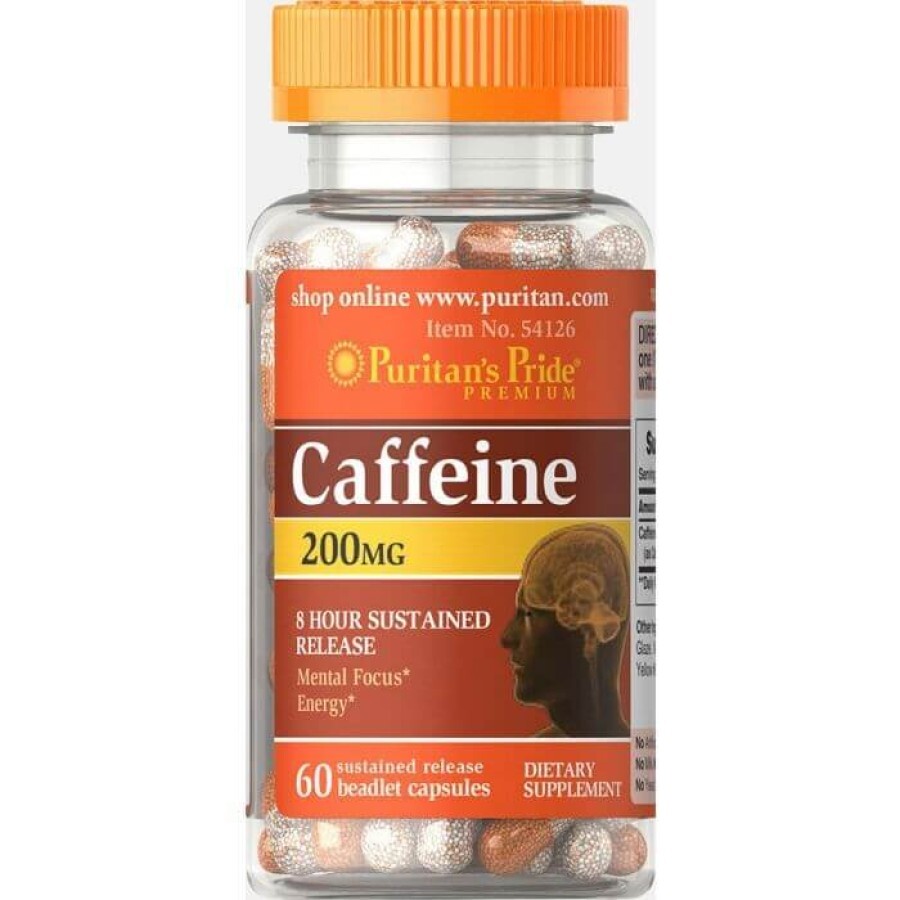Кофеїн, Caffeine, 8-Hour Sustained Release, Puritan's Pride, 200 мг, 60 капсул: ціни та характеристики