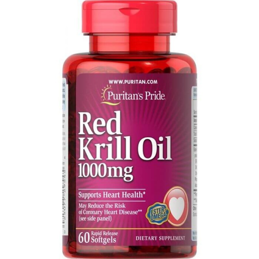 Масло криля, Red Krill Oil, Puritan's Pride, 1000 мг, 60 гелевых капсул: цены и характеристики