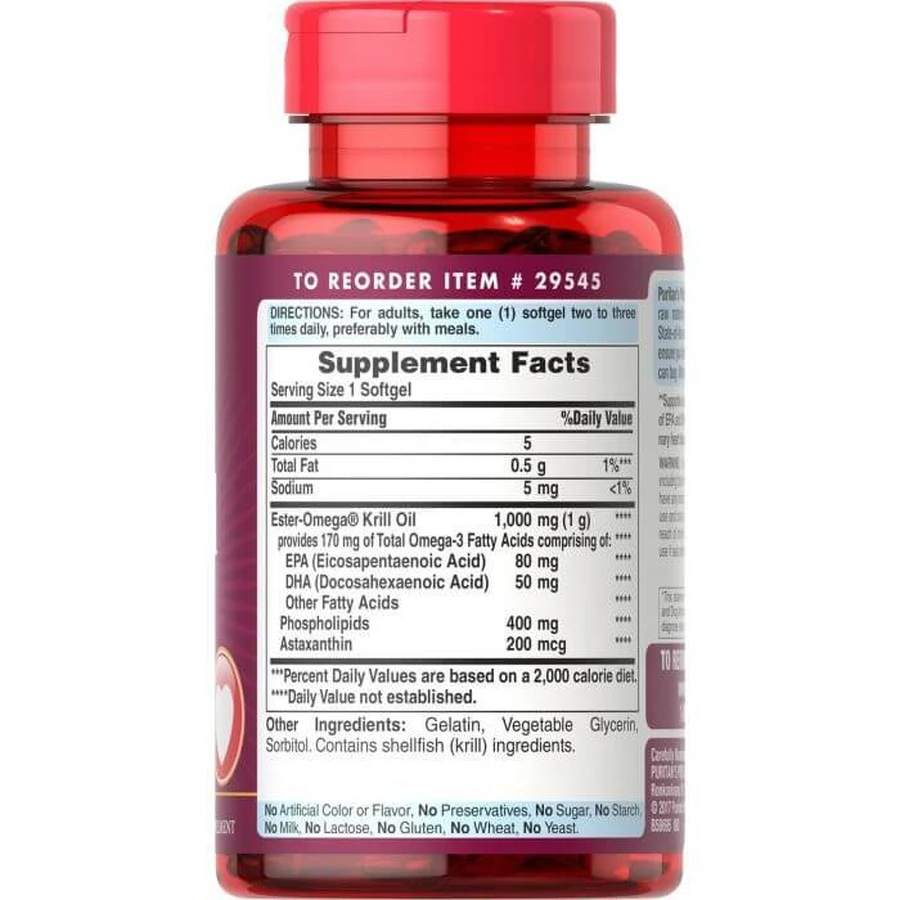 Масло криля, Red Krill Oil, Puritan's Pride, 1000 мг, 60 гелевых капсул: цены и характеристики