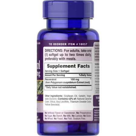 Ресвератрол, Resveratrol, Puritan's Pride, 100 мг, 60 гелевых капсул с быстрым высвобождением: цены и характеристики