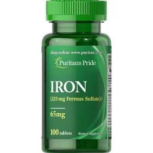 Железо сульфат, Iron, Puritan's Pride, 65 мг, 100 таблеток