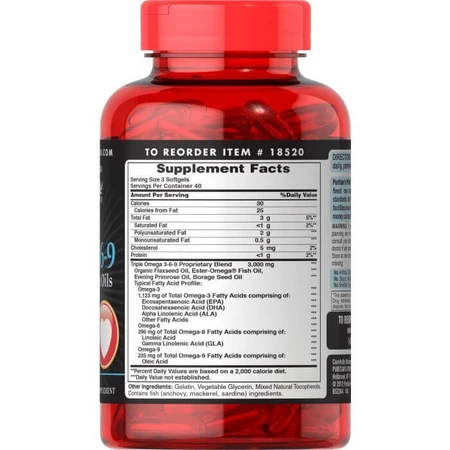 Омега 3-6-9, Triple Omega 3-6-9, Puritan's Pride, масло льна, буравчика и рыбы, 120 гелевых капсул: цены и характеристики