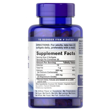 Кальций плюс магний, Absorbable Calcium plus Magnesium, Puritan's Pride, 600 мг/300 мг, 60 гелевых капсул: цены и характеристики