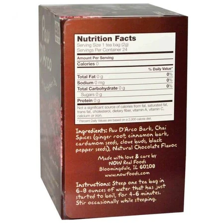 По д'арко, Pau D'Arco, Now Foods, Real Tea, без кофеїну, 24 чайних пакетика, 48 г: ціни та характеристики
