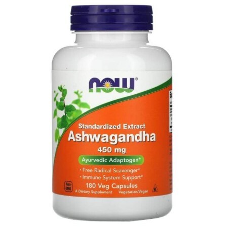 Ашваганда, Ashwagandha, Now Foods, стандартизований екстракт, 450 мг, 180 вегетаріанських капсул