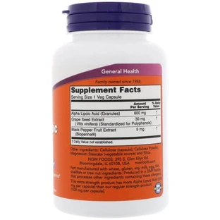 Альфа-ліпоєва кислота, Alpha Lipoic Acid, Now Foods, підвищена міцність, 600 мг, 120 вегетаріанських капсул