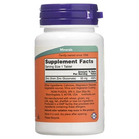 Цинк, Zinc, Now Foods, 50 мг, 100 таблеток: ціни та характеристики