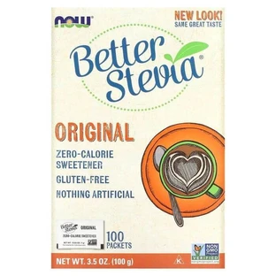 Стевия, BetterStevia, Now Foods, подсластитель с нулевой калорийностью, оригинальный, 100 пакеты, 100 г