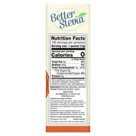 Стевия, BetterStevia, Now Foods, подсластитель с нулевой калорийностью, оригинальный, 100 пакеты, 100 г: цены и характеристики