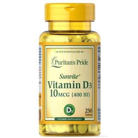Витамин Д3, Vitamin D3, Puritan's Pride, 400 МЕ, 250 таблеток