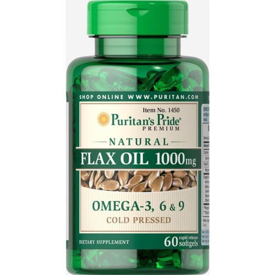 Льняное масло, Natural Flax Oil, Puritan's Pride, без ГМО, 1000 мг, 60 гелевых капсул: цены и характеристики