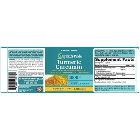 Куркумин и биоперин, Turmeric Curcumin with Bioperine, Puritan's Pride, 1000 мг (900 мг куркумы и 100 мг куркумина), 120 капсул: цены и характеристики