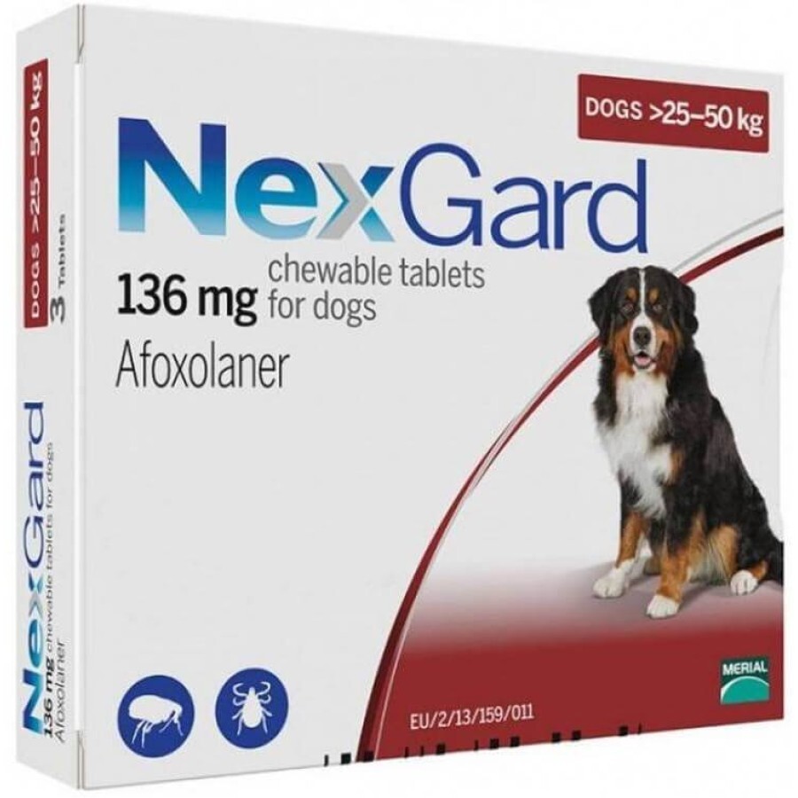 Таблетки від бліх та кліщів для собак NexGard вагою від 25 до 50 кг, 1 шт.: ціни та характеристики