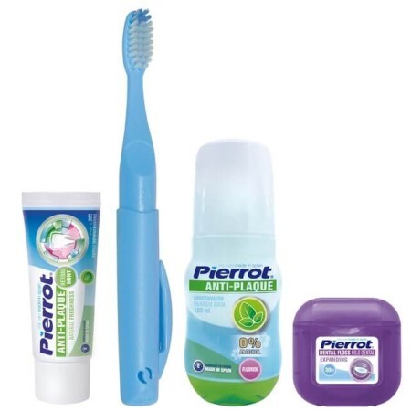 Набор для путешествий Pierrot Ref.329 зубная паста, 30 мл + ополаскиватель, 100 мл + зубная нить, 30 м + зубная щетка 1 шт.