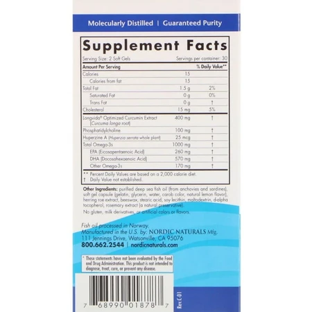 Омега с куркумином для памяти (Omega Memory), Nordic Naturals, 975 мг, 60 капсул: цены и характеристики