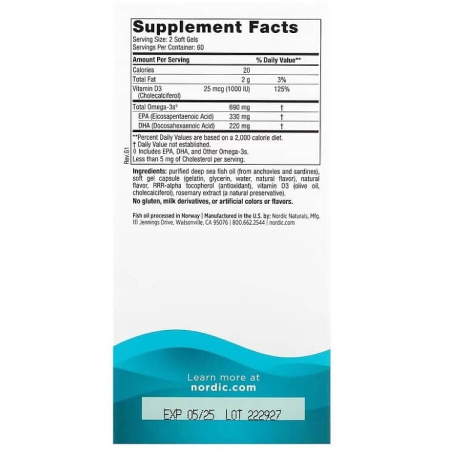 Риб'ячий жир омега-Д3 (лимон), Omega-3D, Nordic Naturals, 1000 мг, 120 капсул: ціни та характеристики
