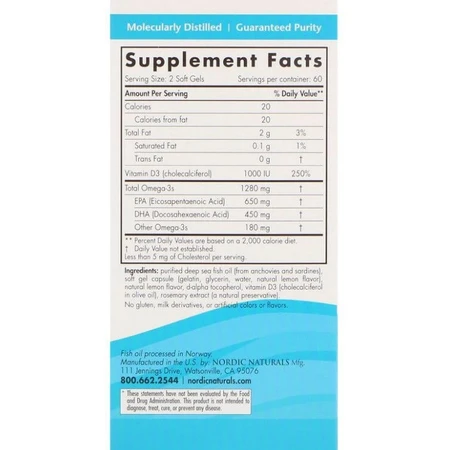 Рыбий жир омега-Д3 (лимон), Nordic Naturals, 1000 мг, 120 кап.: цены и характеристики