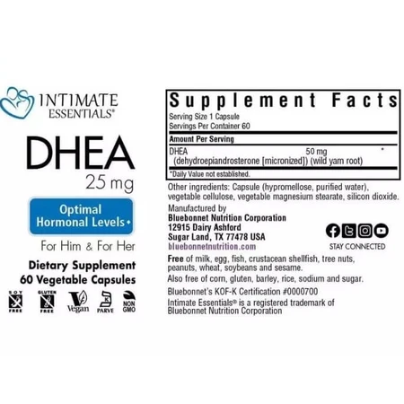 Дегидроэпиандростерон, 50 мг, Intimate Essenitals, DHEA, Bluebonnet Nutrition, 60 вегетарианских капсул: цены и характеристики