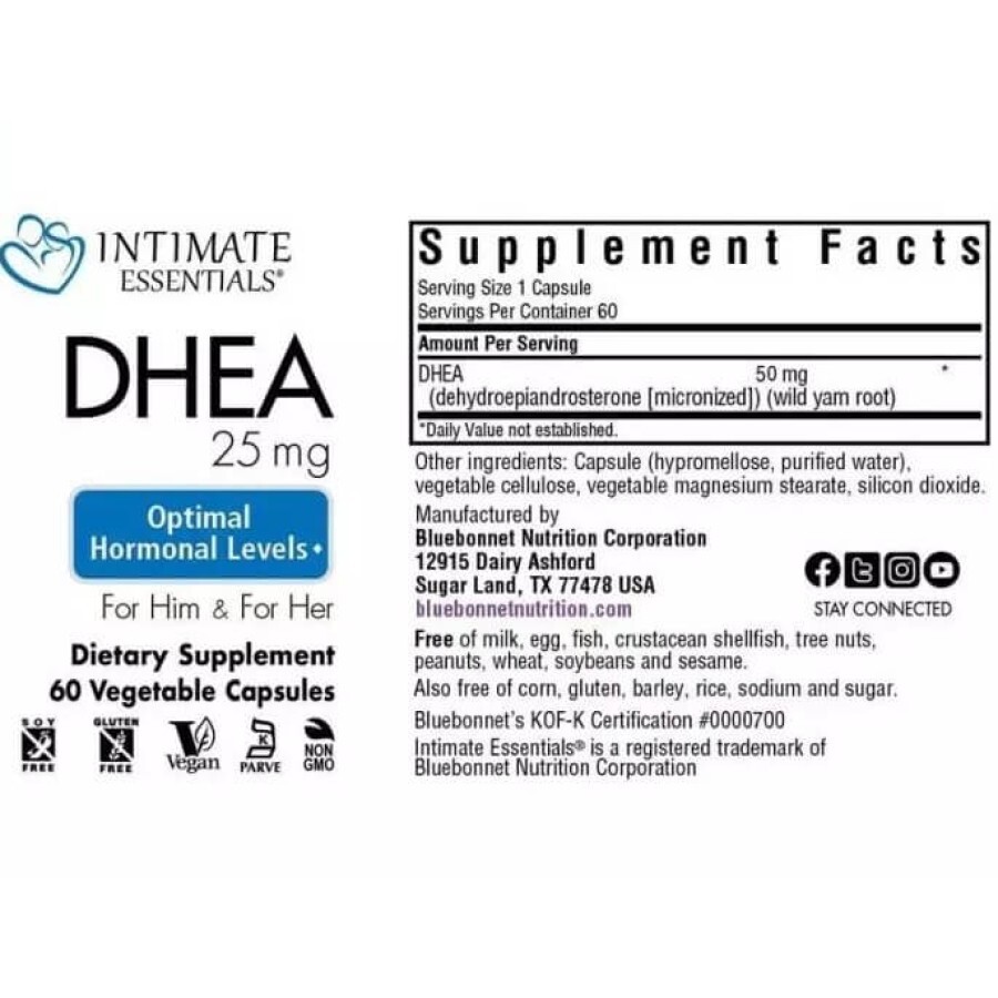 Дегідроепіандростерон, 50 мг, Intimate Essenitals, DHEA, Bluebonnet Nutrition, 60 вегетаріанських капсул: ціни та характеристики