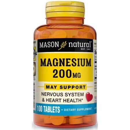 Магний, 200 мг, Magnesium, Mason Natural, 100 таблеток