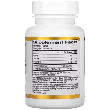 ДГК 700, Рыбий жир, 1000 мг, DHA 700 Fish Oil, California Gold Nutrition, 30 желатиновых капсул: цены и характеристики