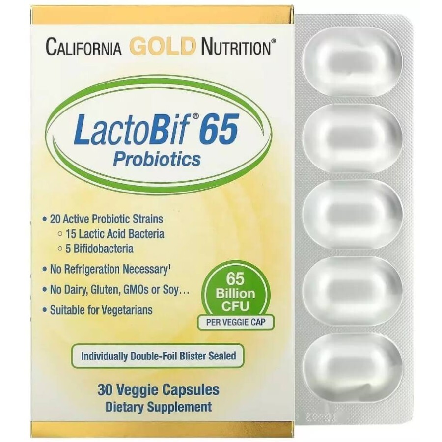 Пробіотики, 65 млрд КУО, LactoBif 65 Probiotics, 65 Billion CFU, California Gold Nutrition, 30 вегетаріанських капсул: ціни та характеристики