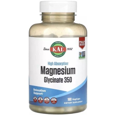 Магний Глицинат высокой усваиваемости, 350 мг, High Absorption Magnesium Glycinate, KAL, 160 вегетарианских капсул
