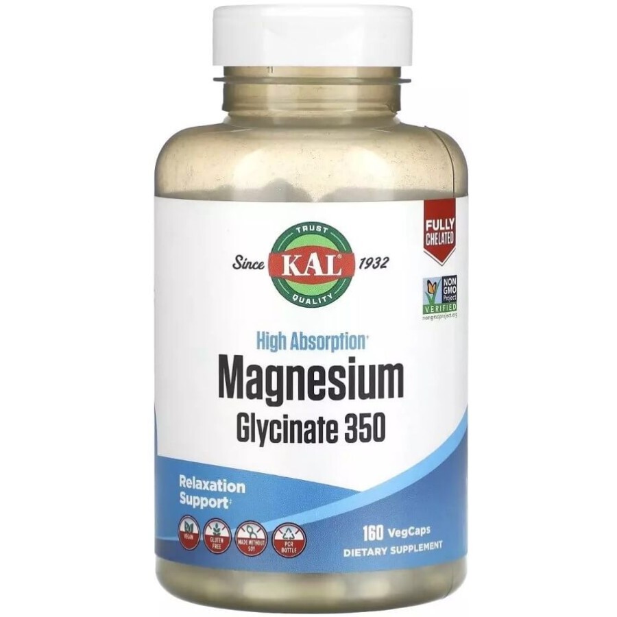Магній Гліцинат високої засвоюваності, 350 мг, High Absorption Magnesium Glycinate, KAL, 160 вегетаріанських капсул: ціни та характеристики