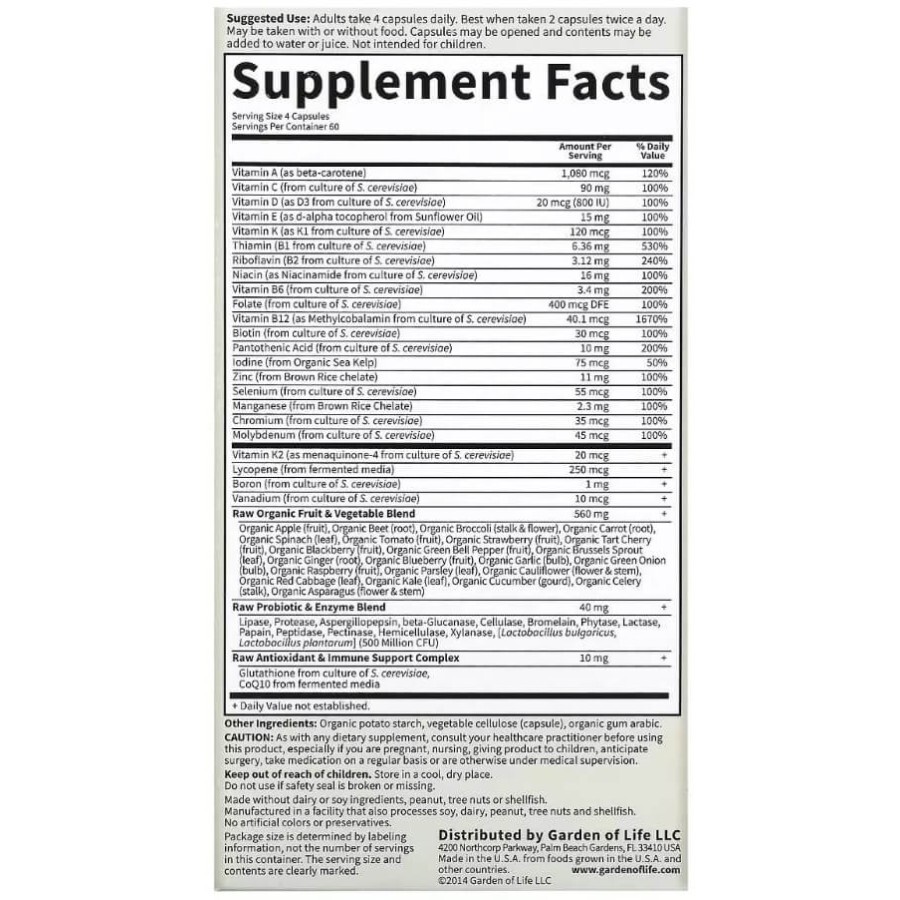 Чоловічі мультивітаміни Vitamin Code, Whole Food Multivitamin for Men, Garden of Life, 240 вег. капсул: ціни та характеристики