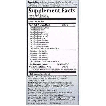 Пробиотики для мужчин, 50 млрд КОЕ, Probiotics Once Daily Men's, Garden of Life, 30 вегетарианских капсул: цены и характеристики