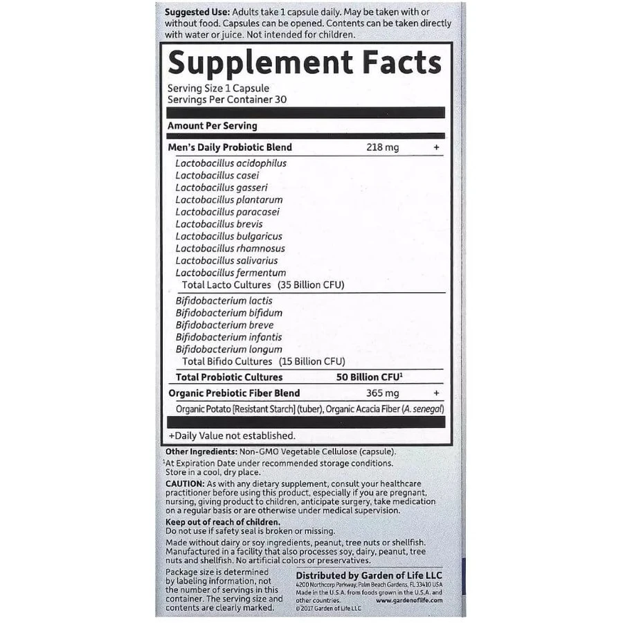 Пробиотики для мужчин, 50 млрд КОЕ, Probiotics Once Daily Men's, Garden of Life, 30 вегетарианских капсул: цены и характеристики