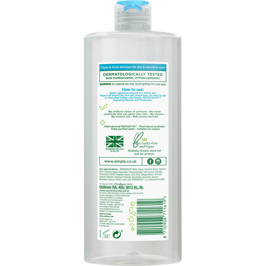 Міцелярна вода Simple Micellar Cleansing Water Pentavitin & Prebiotic 400 мл: ціни та характеристики