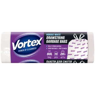 Пакеты для мусора Vortex с затяжкой белые 60 л 15 шт.