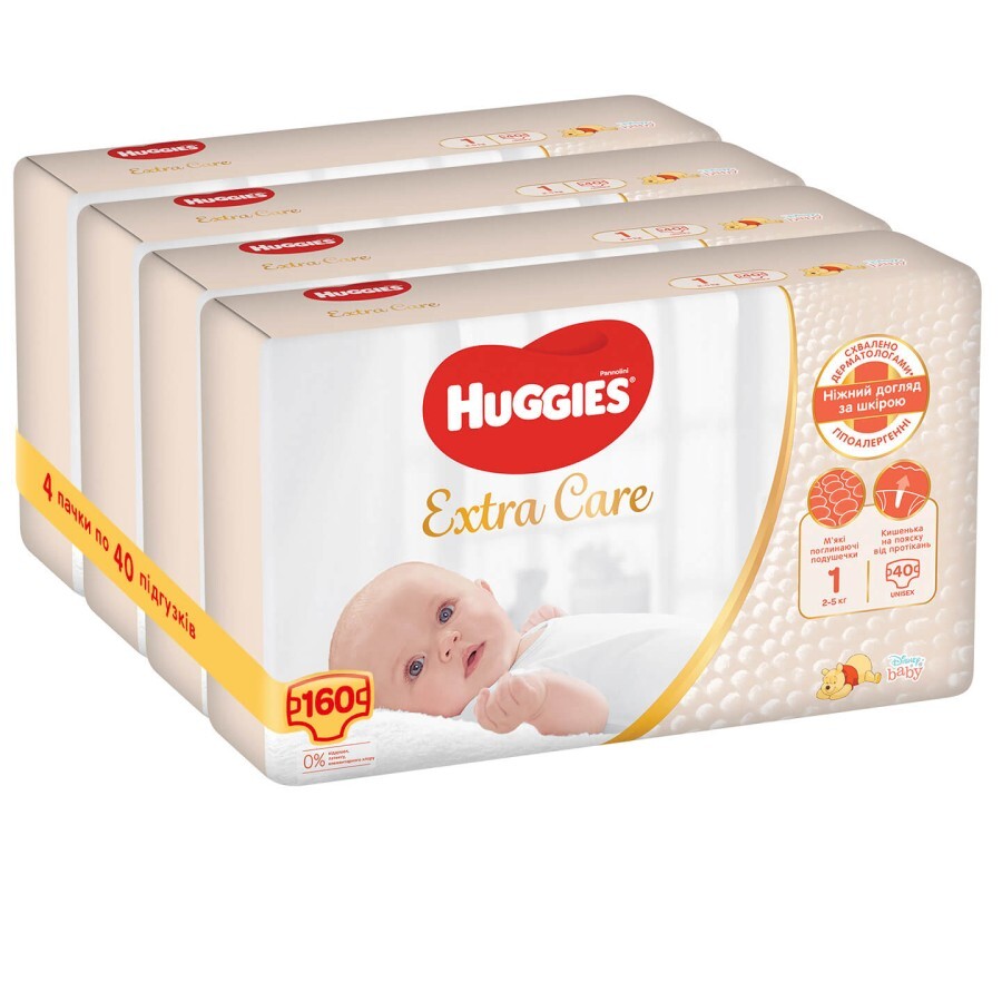 Подгузник Huggies Extra Care Newborn Размер 1 (2-5 кг), 160 шт. (4*40 шт): цены и характеристики