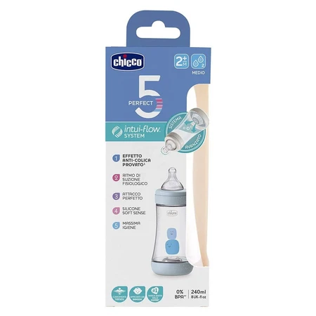 Бутылочка для кормления Chicco пластиковая Perfect 5 с силиконовой соской 2м+, 240 мл, голубая: цены и характеристики