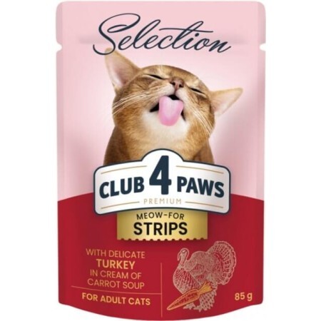 Влажный корм для кошек Club 4 Paws Selection Плюс Полоски с индейкой в крем супе из моркови 85 г
