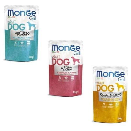Влажный корм для собак Monge Dog Grill Mix Chicken and Turkey, Beef, Cod Fish 12*100 г: цены и характеристики